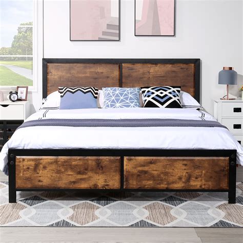 rustic queen-size headboard attaches to metal box spring|VECELO Queen Metal Platform Bed Frame with Rustic Vintage .